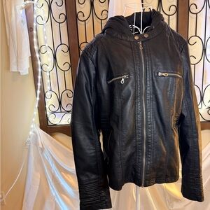 Women's Black Leather Hooded Zip Jacket